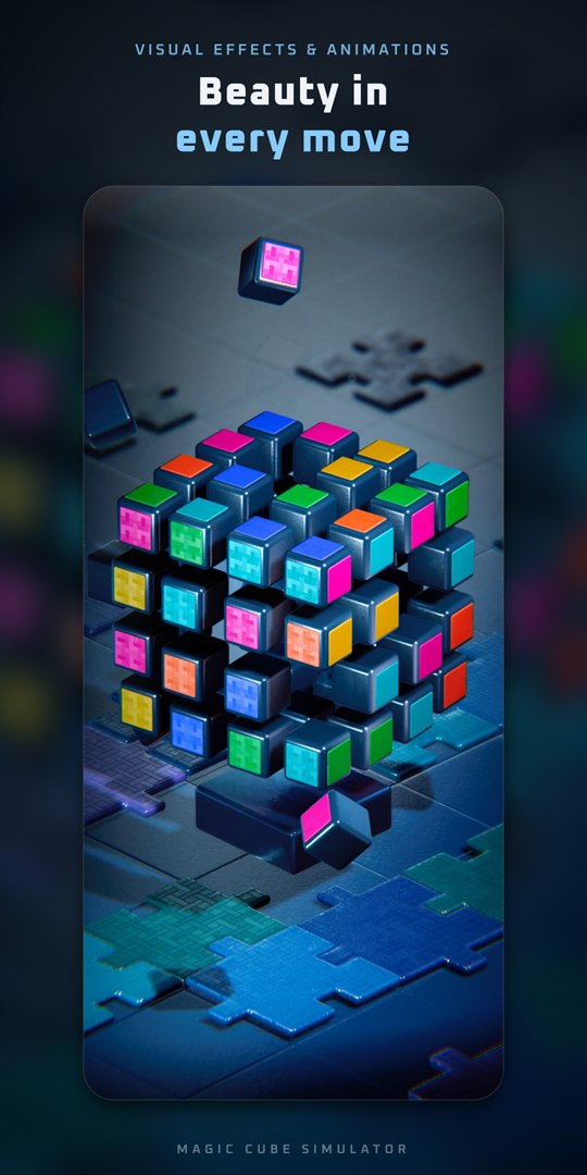 A 5×5 cube mid-animation, pieces lit and in motion