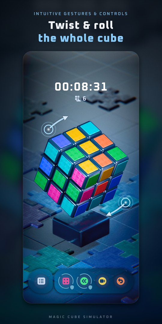 A two-finger twist rolling the cube on its axis