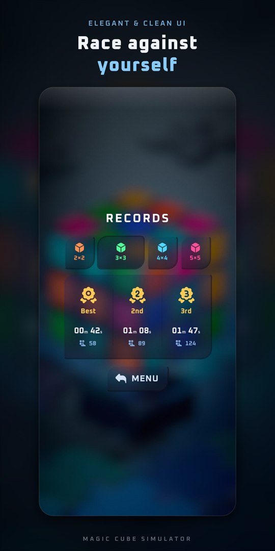 The records screen, with the three best times for the 2×2